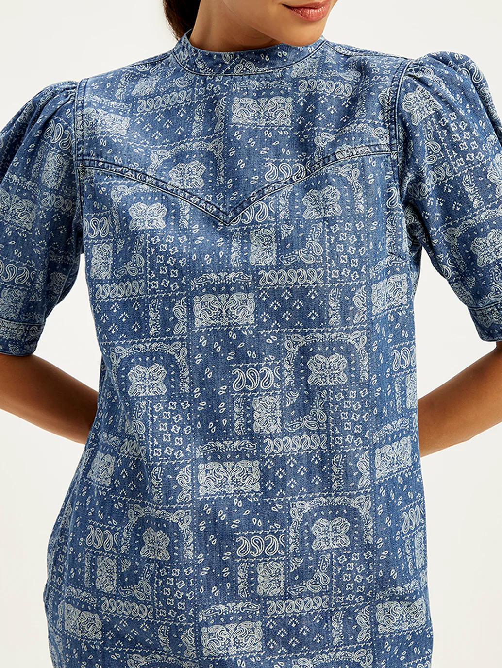 Women's Paisley Blue Band Neck Mini Denim Dress - Image 6