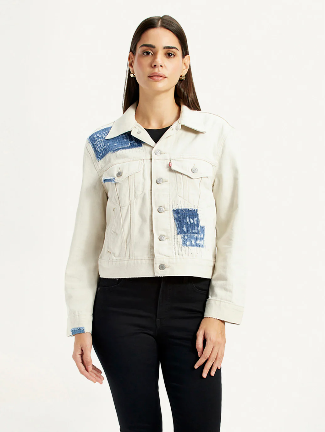 Women's Patchwork Off White Trucker Jacket - Image 2
