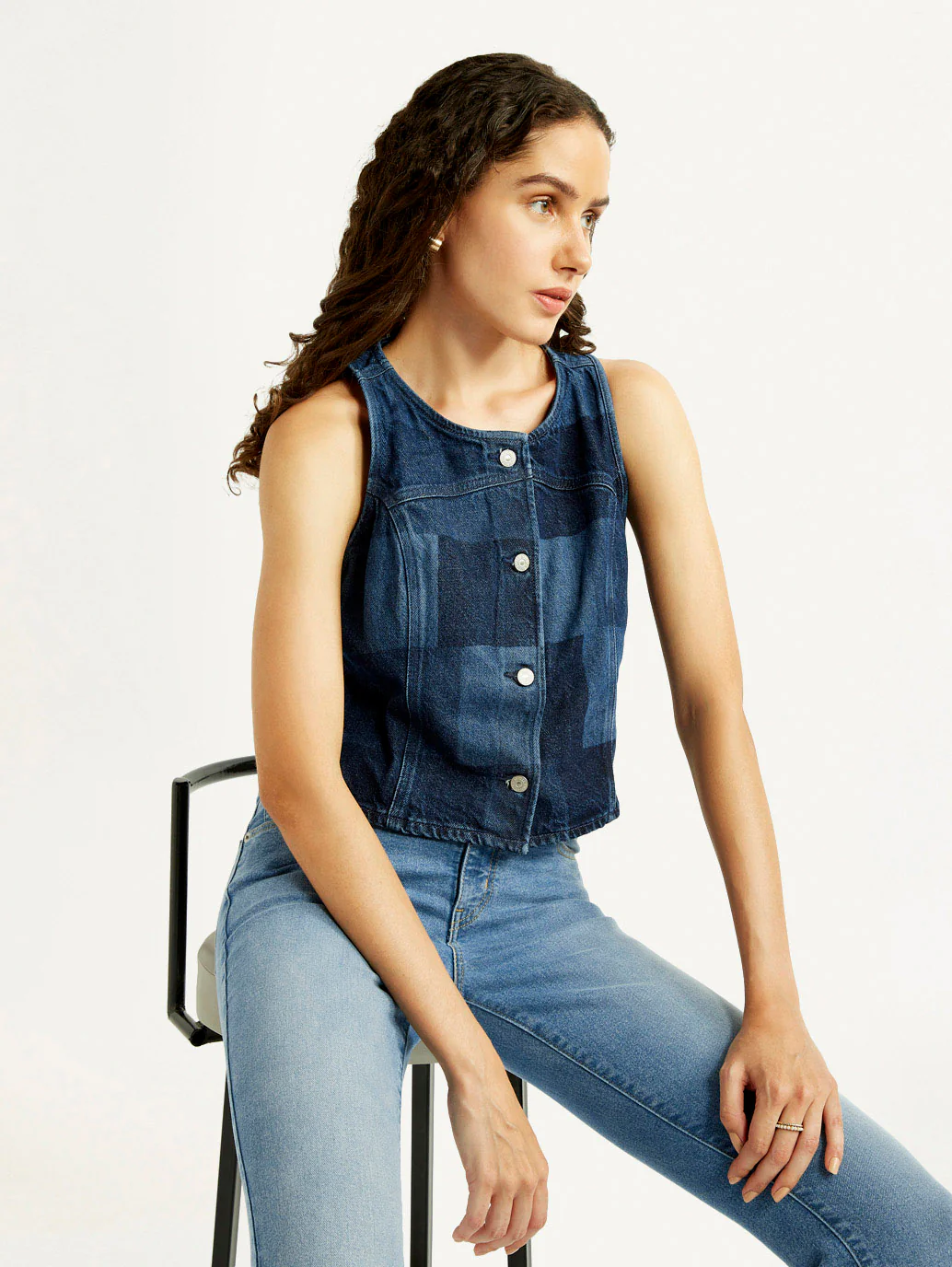 Women's Plaid Dark Blue Round Neck Top