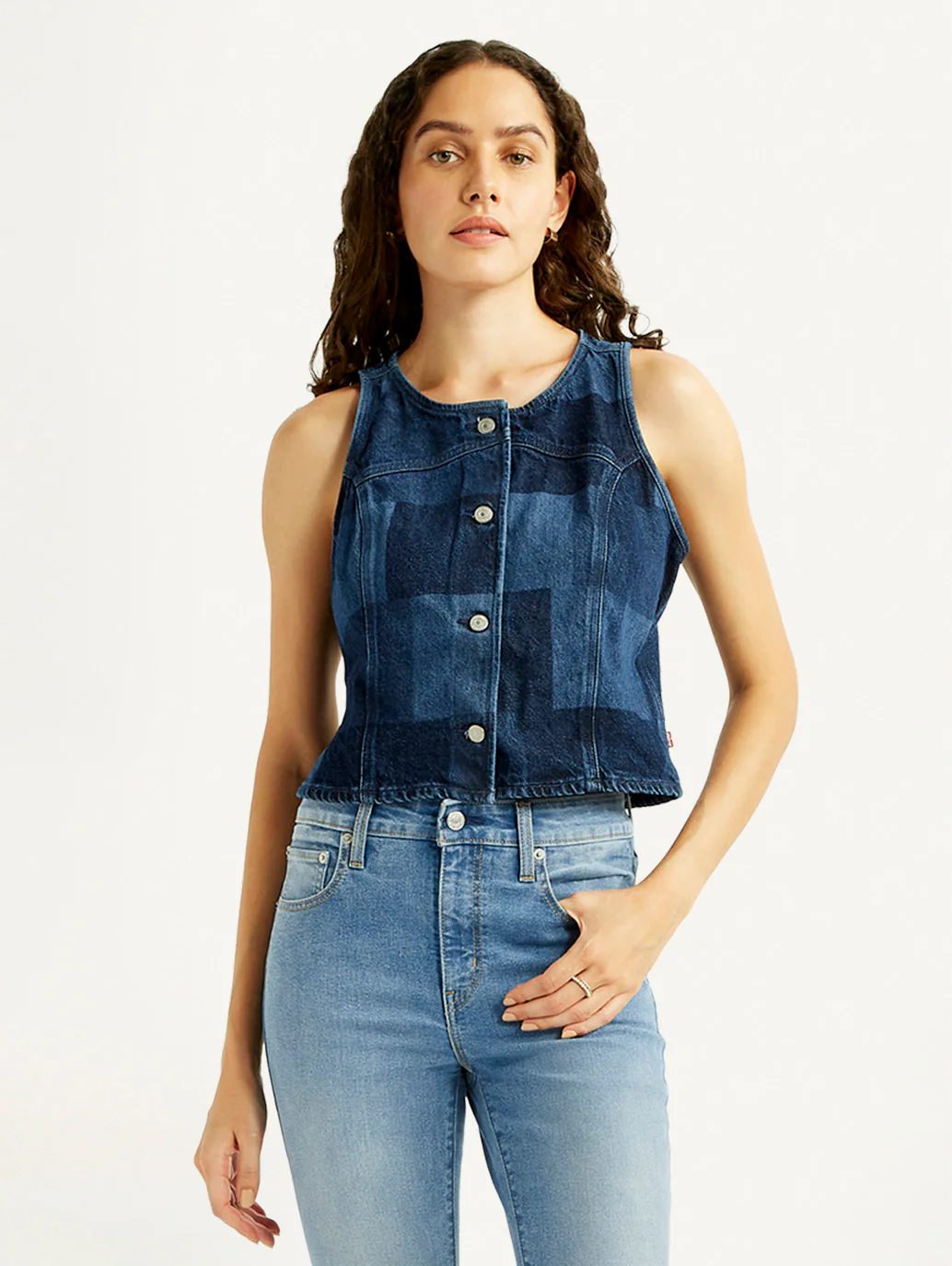 Women's Plaid Dark Blue Round Neck Top - Image 2