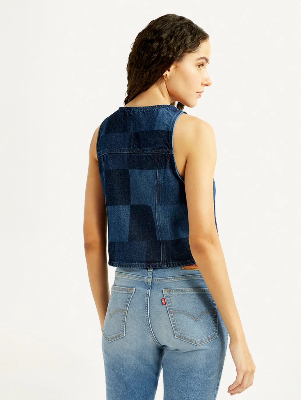 Women's Plaid Dark Blue Round Neck Top - Image 3