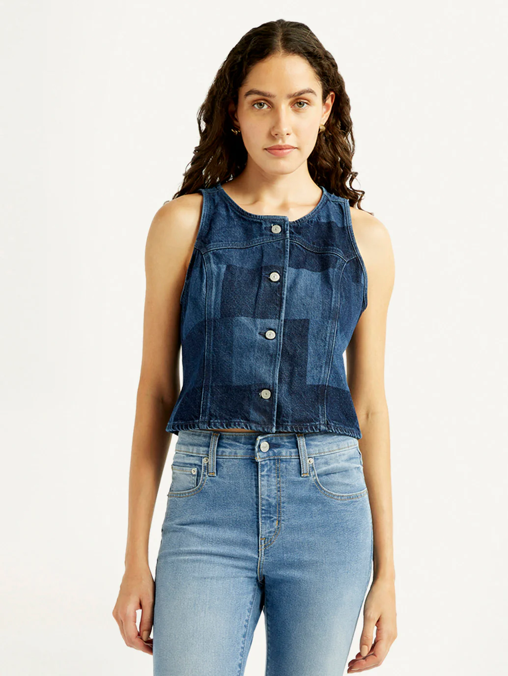 Women's Plaid Dark Blue Round Neck Top - Image 6