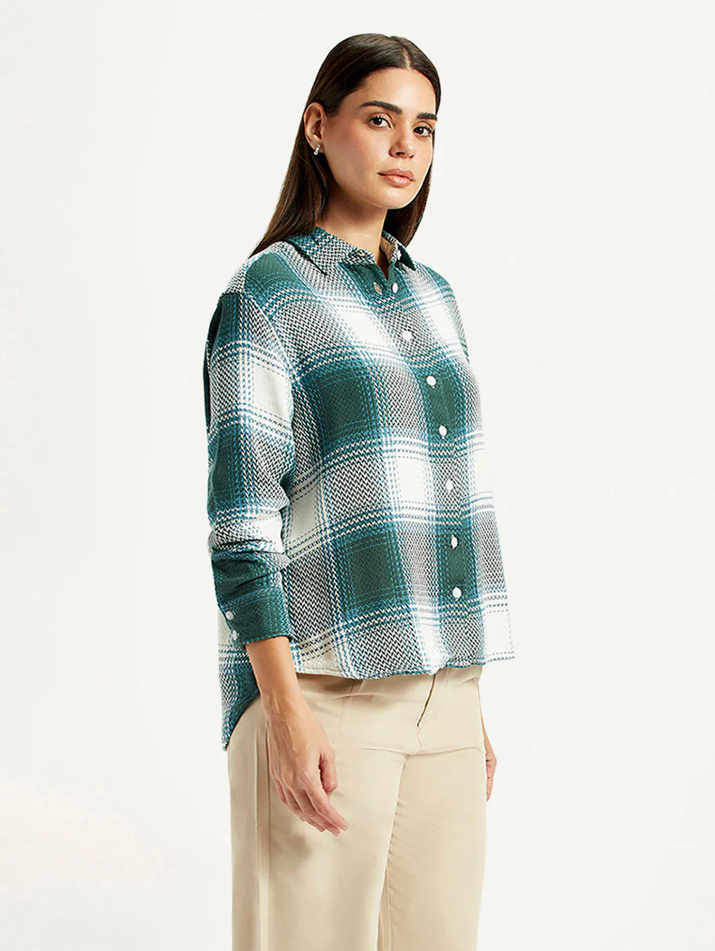 Women's Plaid Green Relaxed Fit Shirt - Image 4