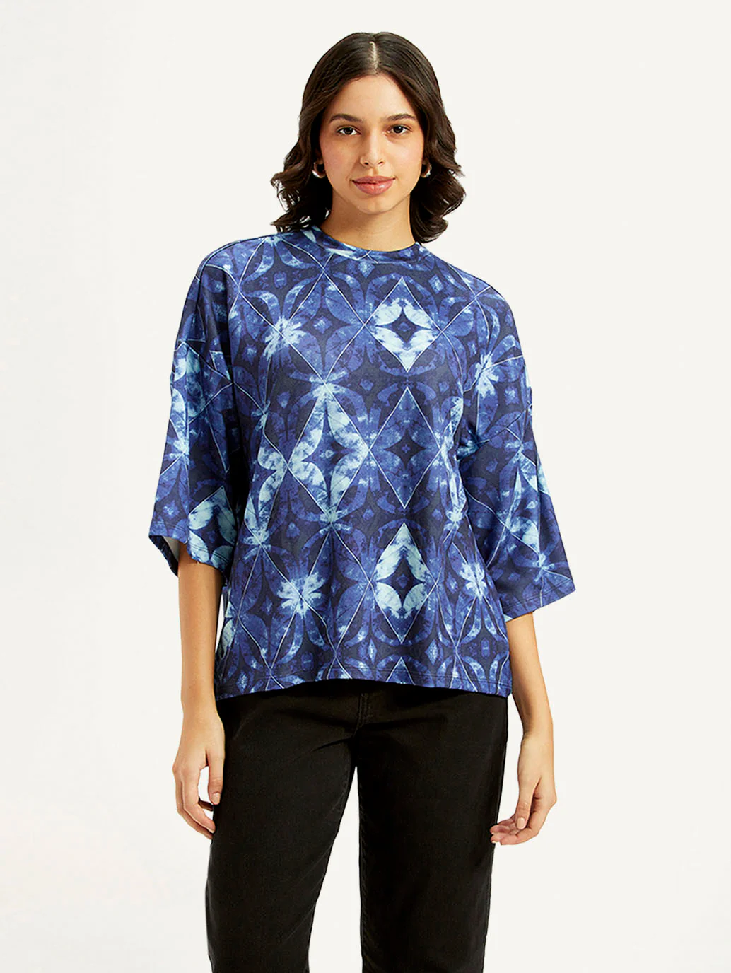 Women's Printed Blue Round Neck Top - Image 2