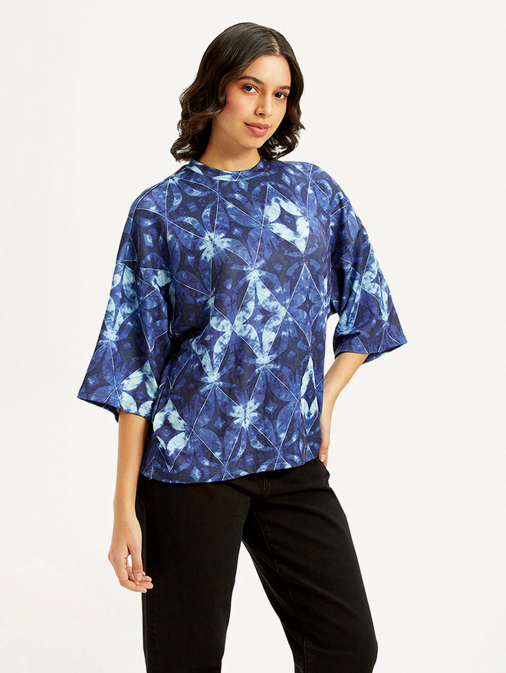 Women's Printed Blue Round Neck Top - Image 5