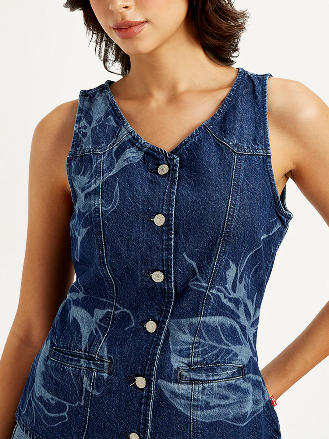 Women's Printed Blue V Neck Waistcoat - Image 3