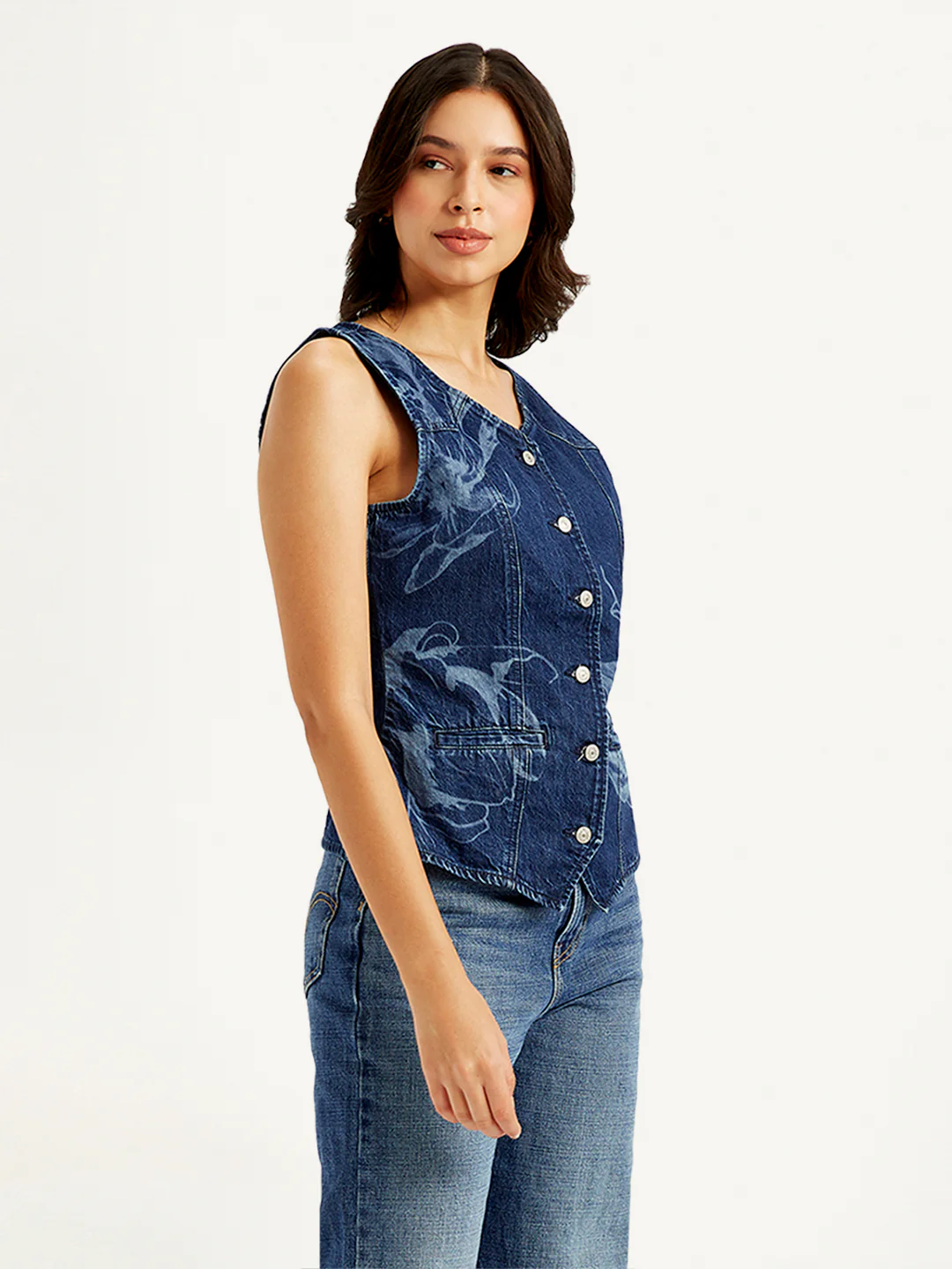 Women's Printed Blue V Neck Waistcoat - Image 4