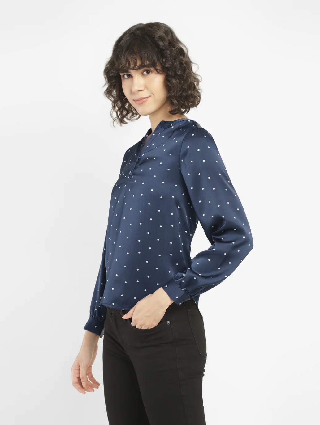 Women's Polka Dot Navy Split Neck Top - Image 3