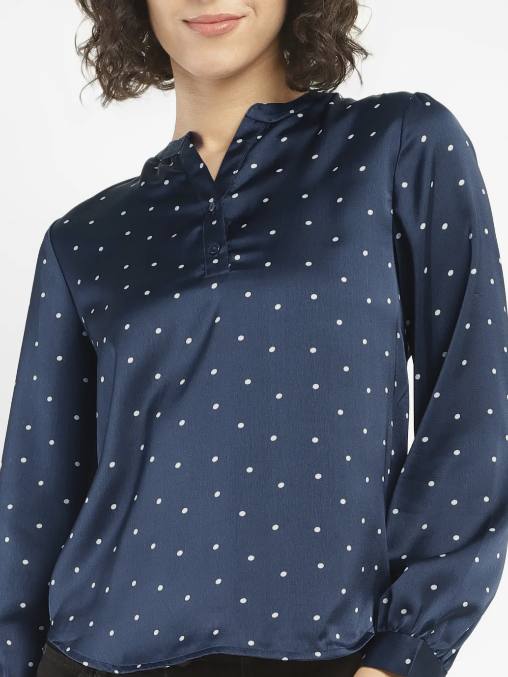 Women's Polka Dot Navy Split Neck Top - Image 4