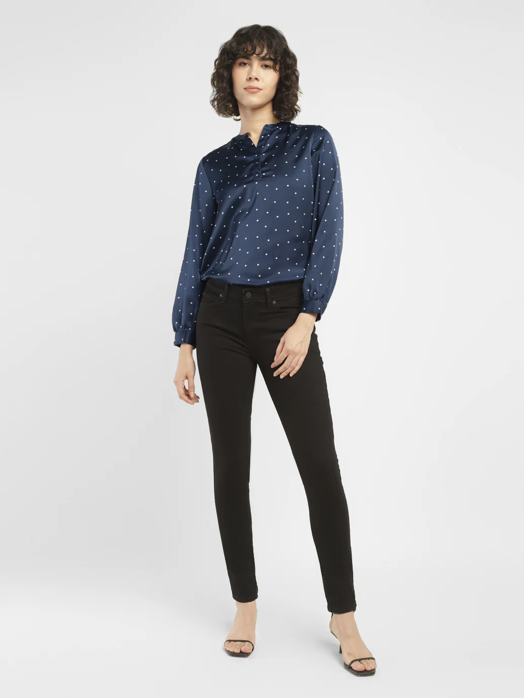 Women's Polka Dot Navy Split Neck Top - Image 5