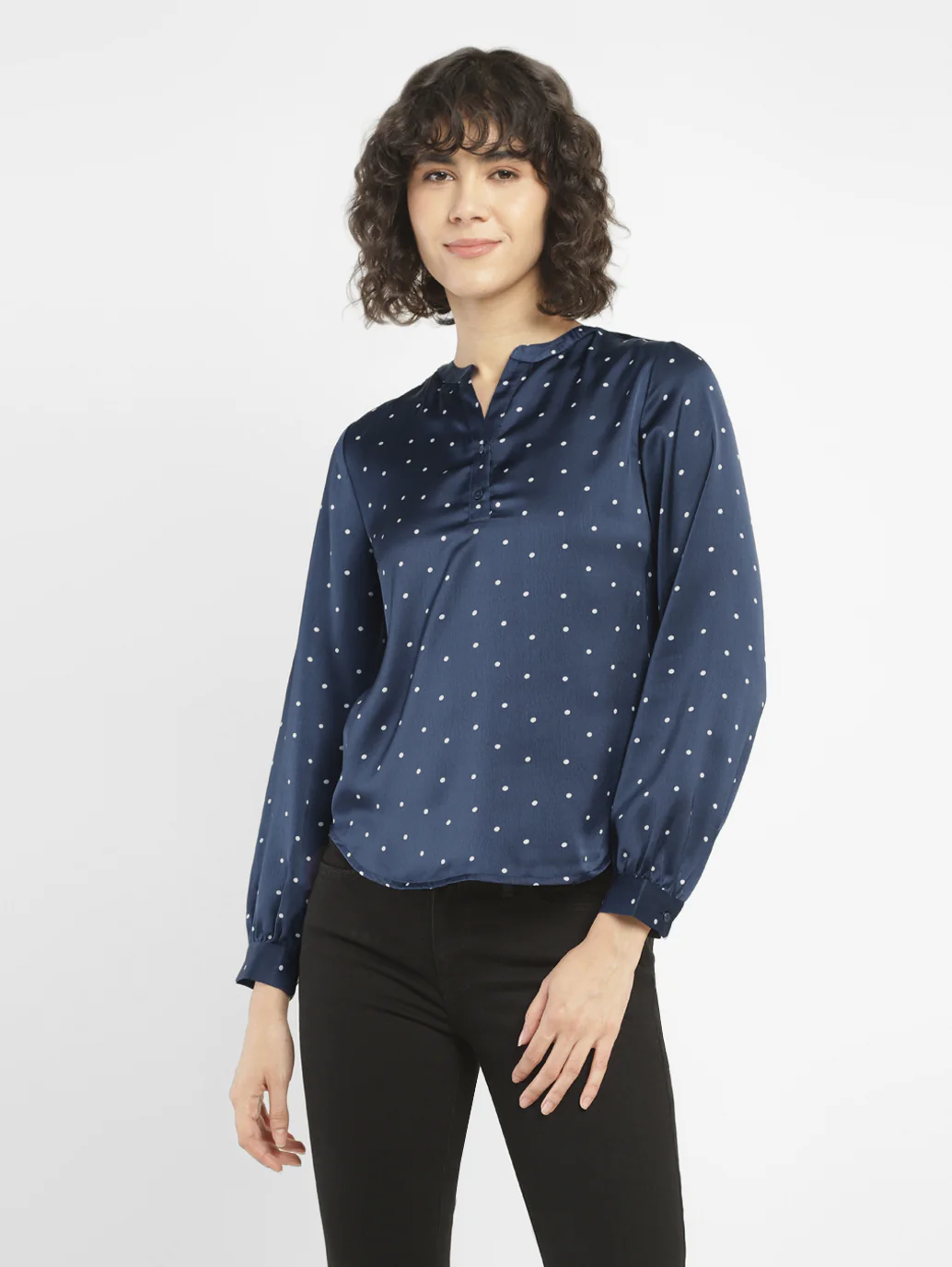 Women's Polka Dot Navy Split Neck Top - Image 6