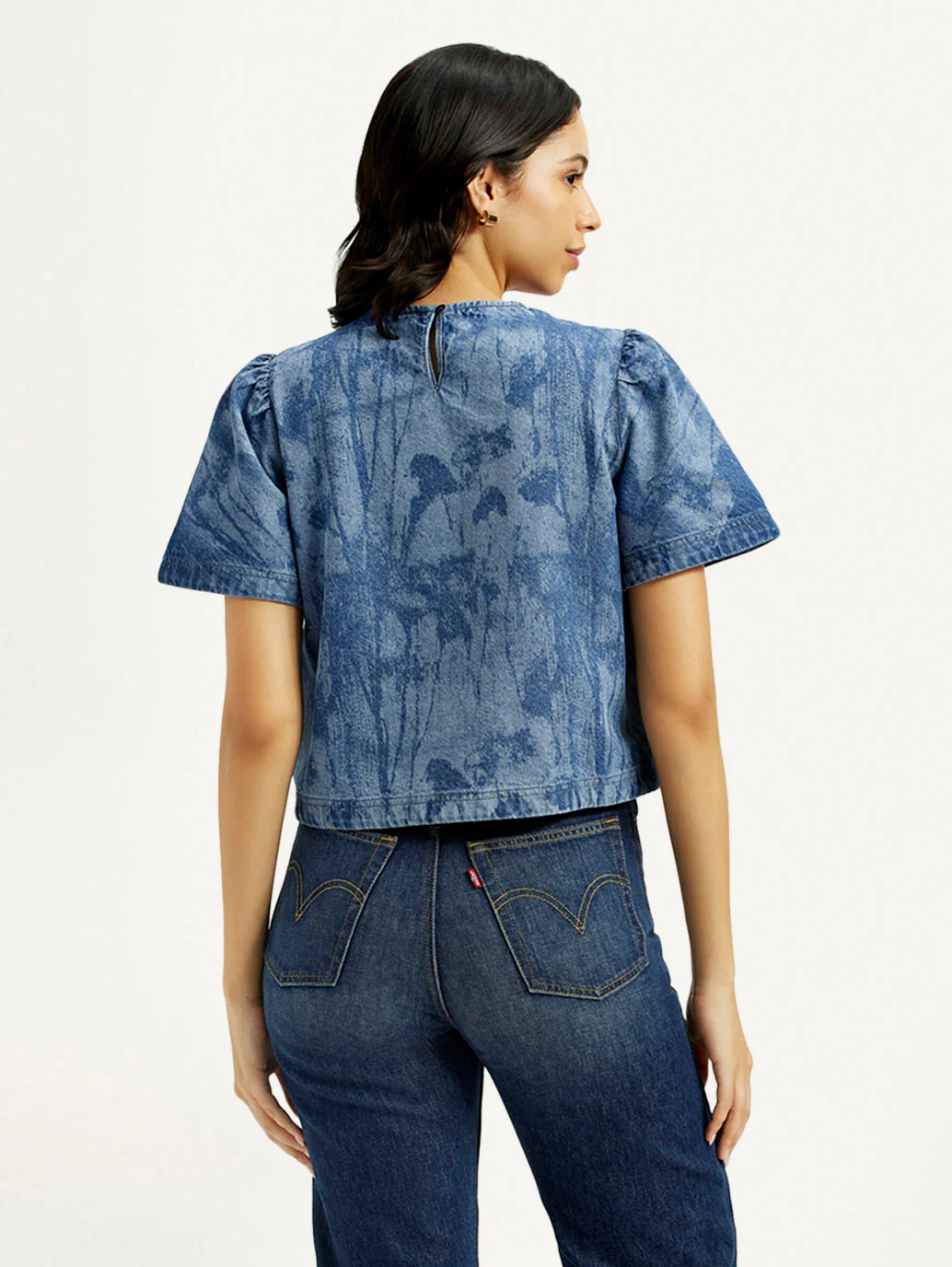 Women's Printed Round Neck Denim Top - Image 2