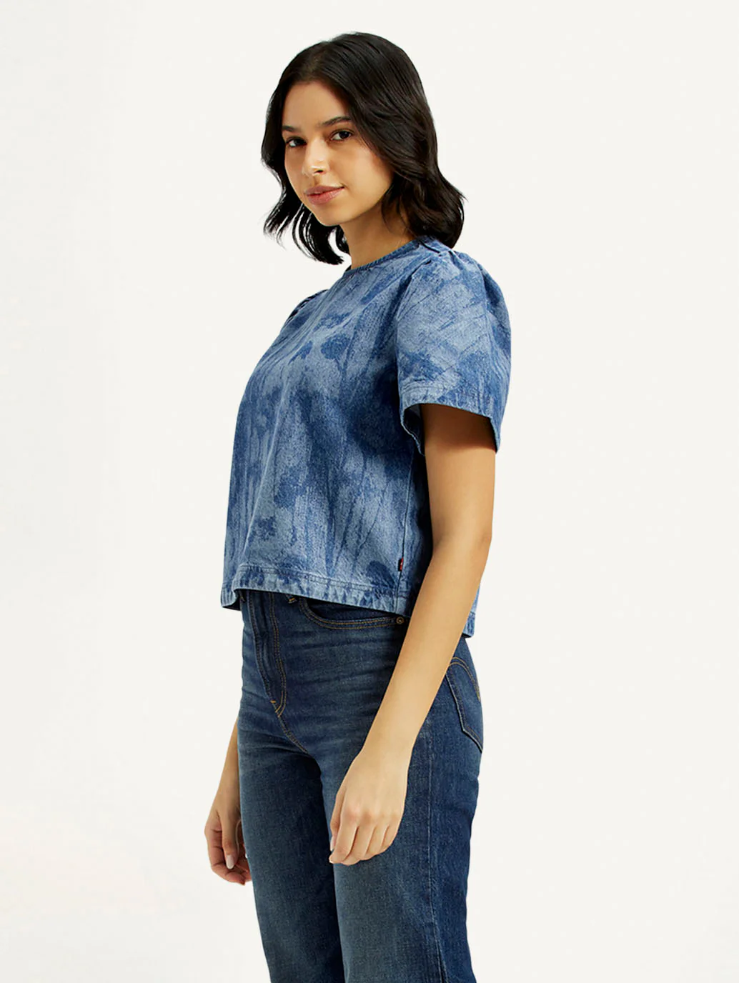 Women's Printed Round Neck Denim Top - Image 3