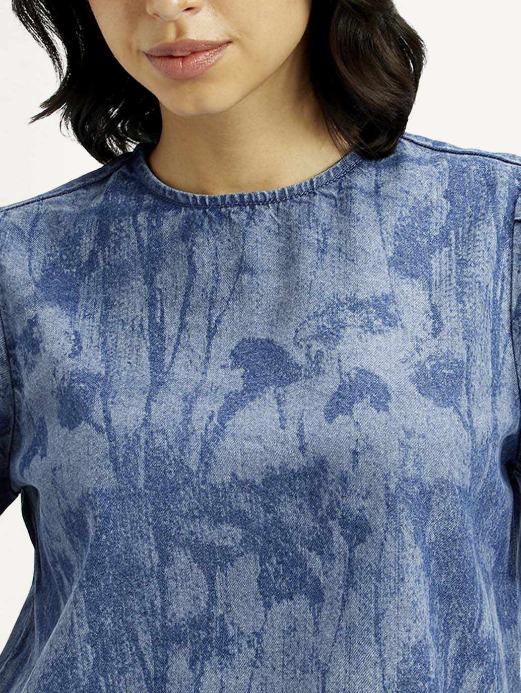 Women's Printed Round Neck Denim Top - Image 4