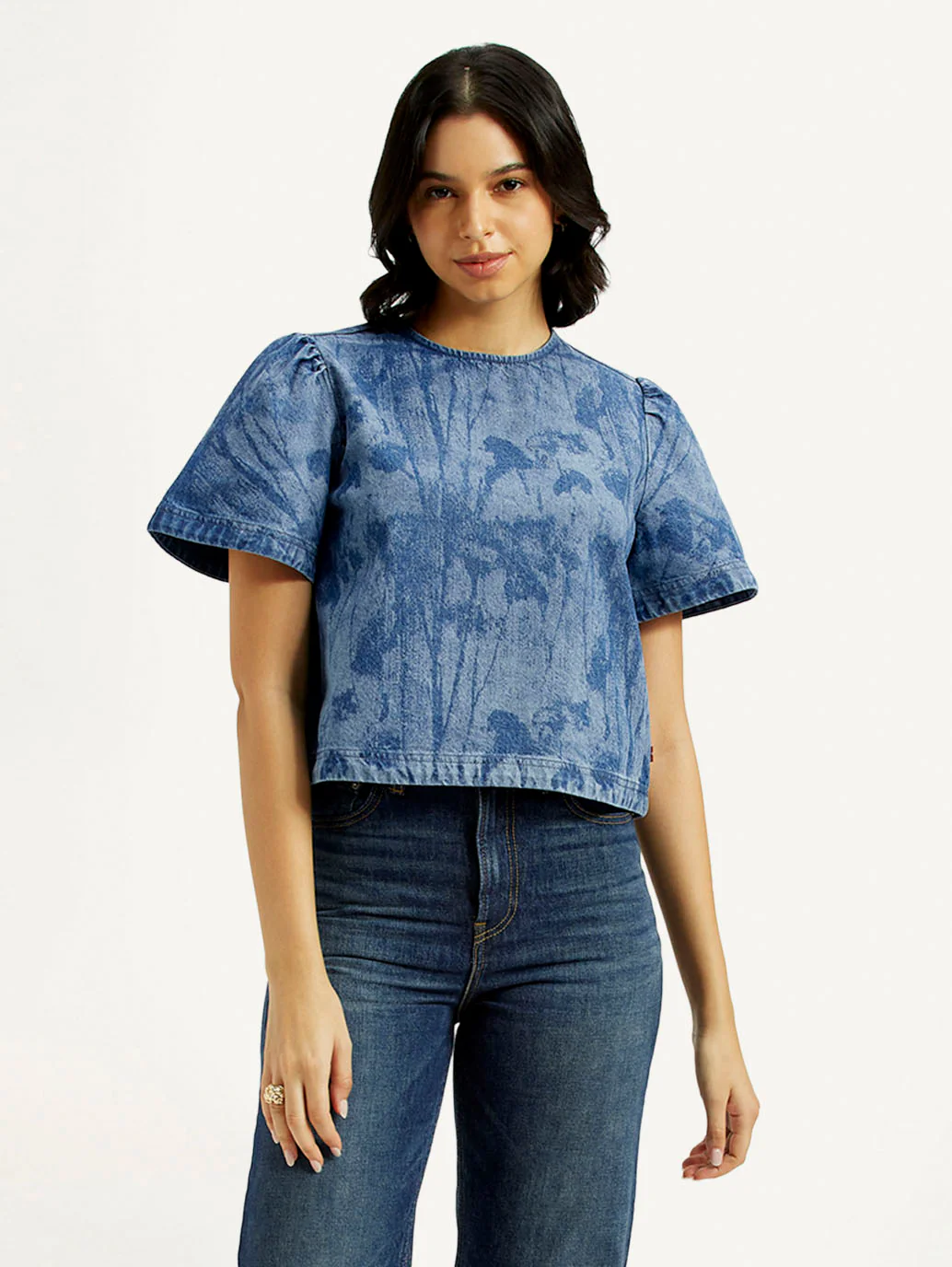 Women's Printed Round Neck Denim Top - Image 5