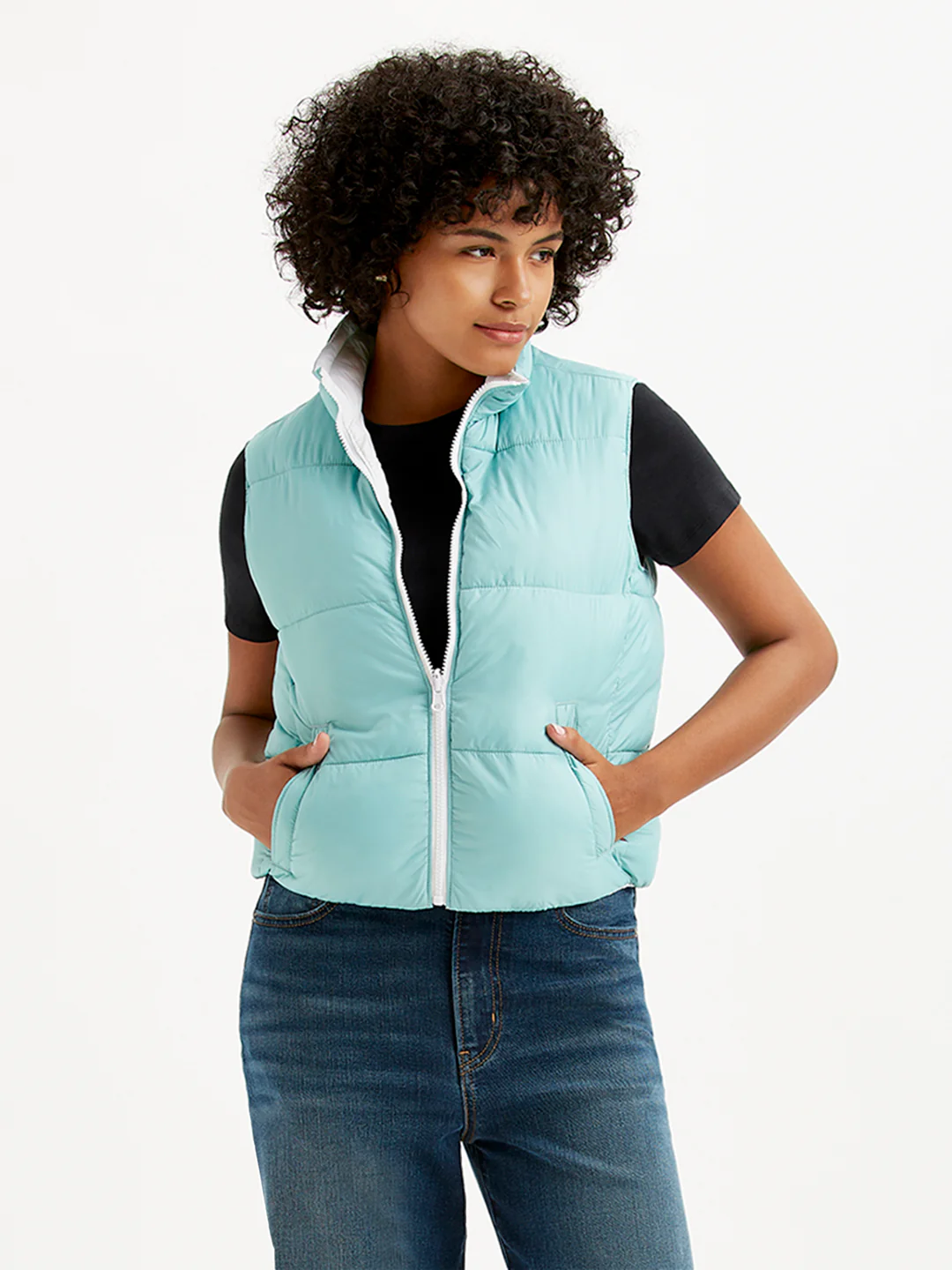 Women's Quilted Light-Blue High Neck Puffer Jacket - Image 2