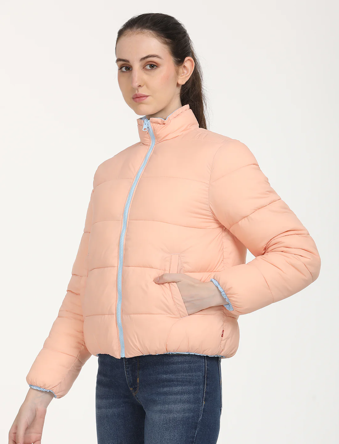 Women's Quilted Peach High Neck Reversible Puffer Jacket - Image 2