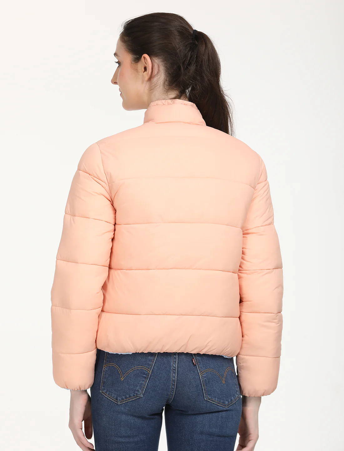 Women's Quilted Peach High Neck Reversible Puffer Jacket - Image 3
