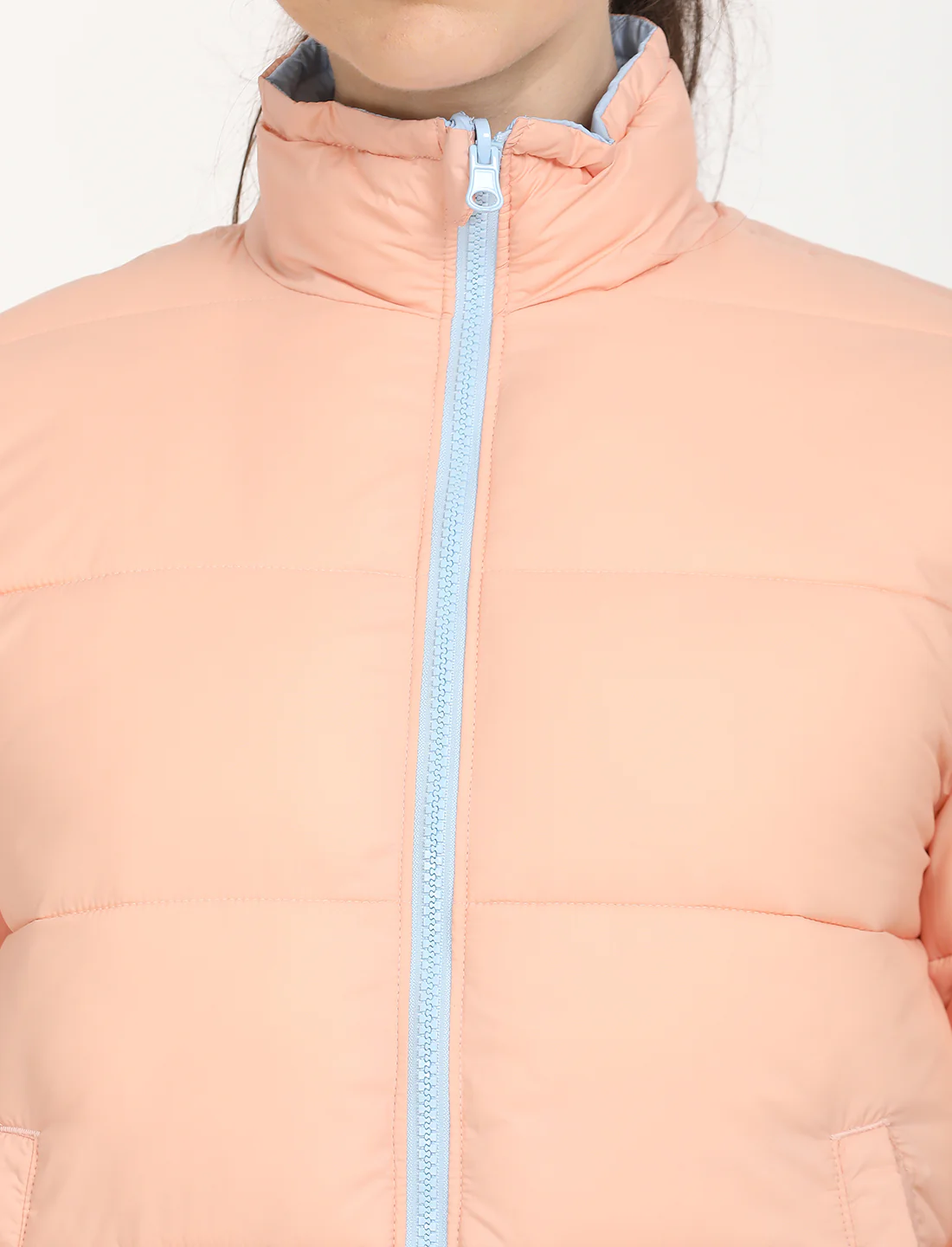 Women's Quilted Peach High Neck Reversible Puffer Jacket - Image 4
