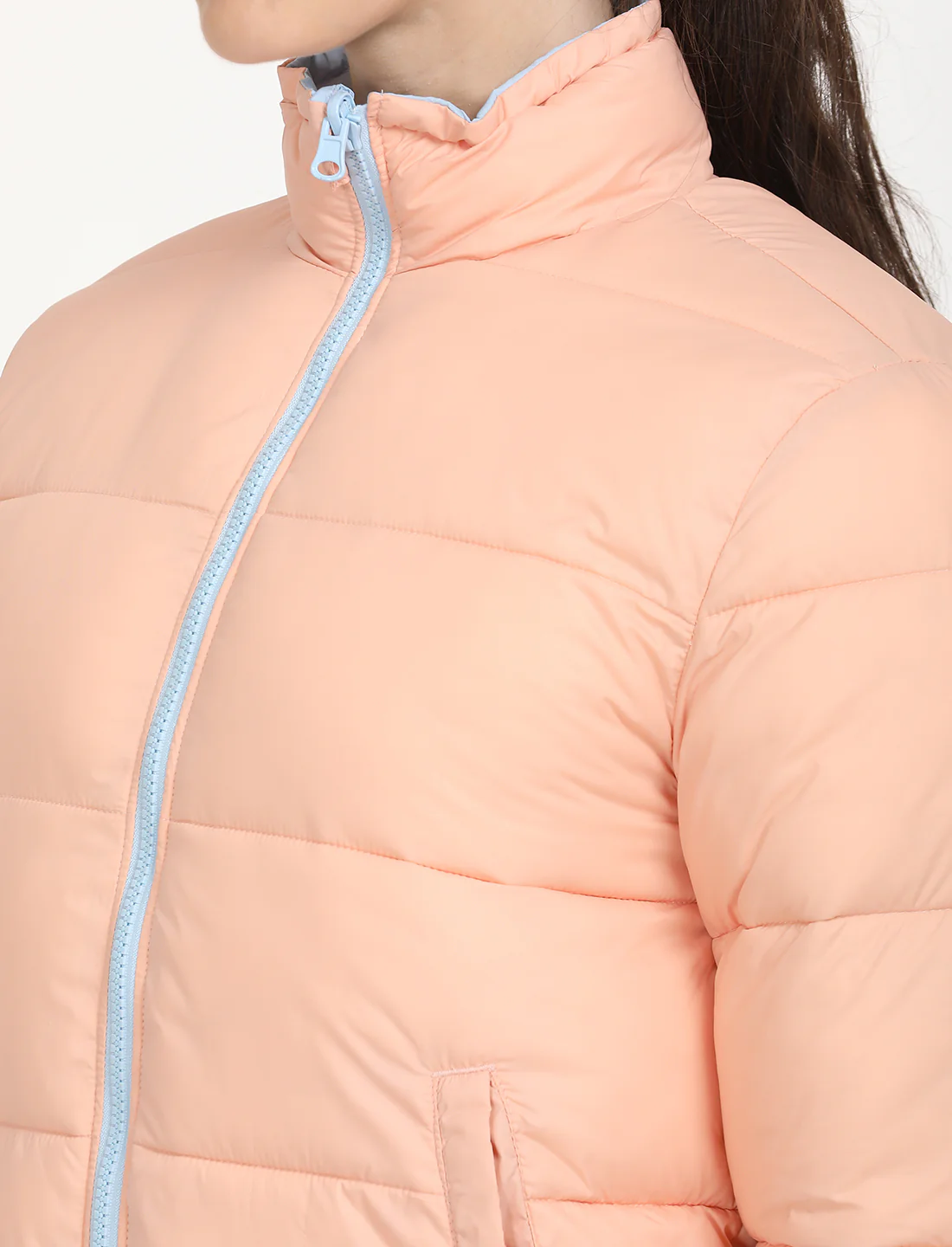 Women's Quilted Peach High Neck Reversible Puffer Jacket - Image 5
