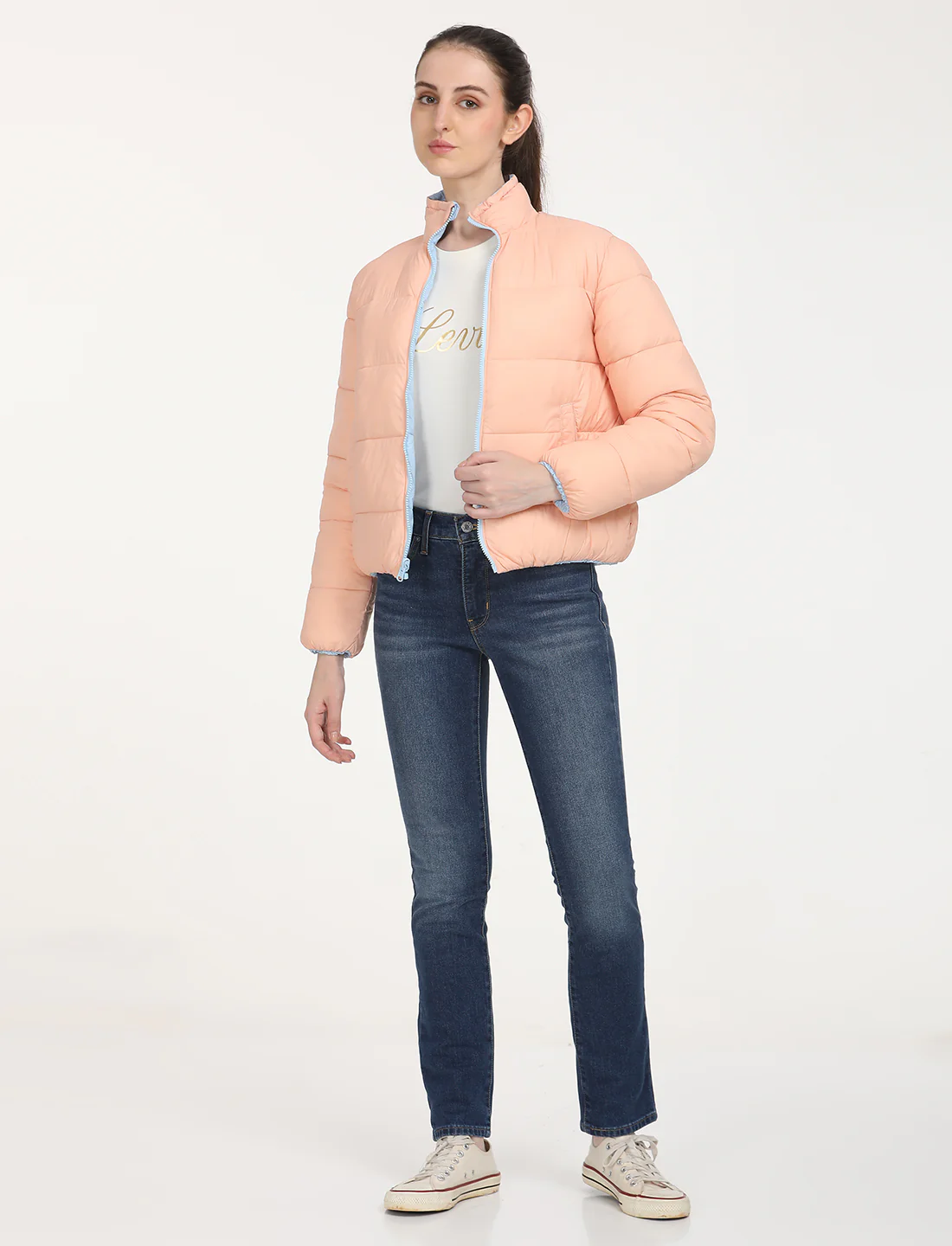 Women's Quilted Peach High Neck Reversible Puffer Jacket - Image 7