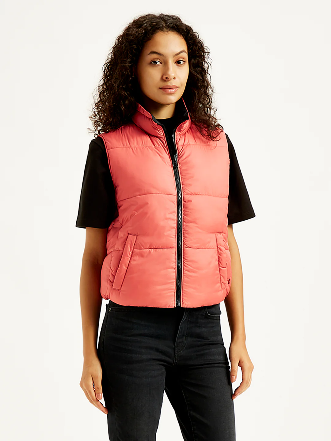 Women's Quilted Peach High Neck Puffer Jacket - Image 2