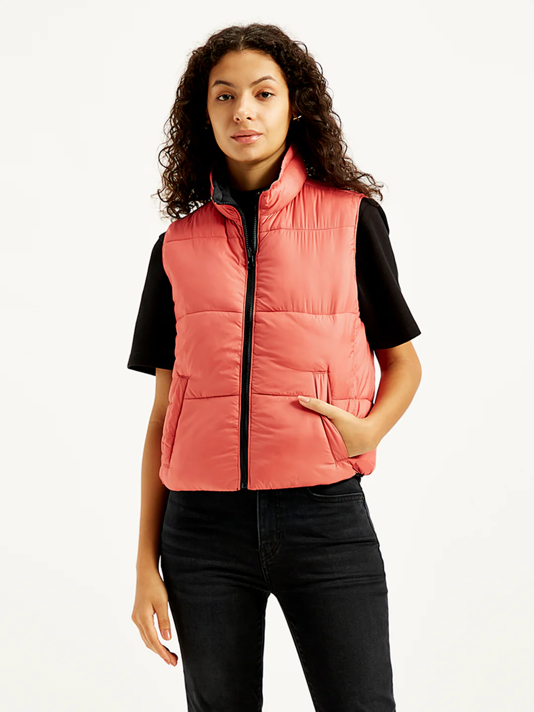 Women's Quilted Peach High Neck Puffer Jacket - Image 4