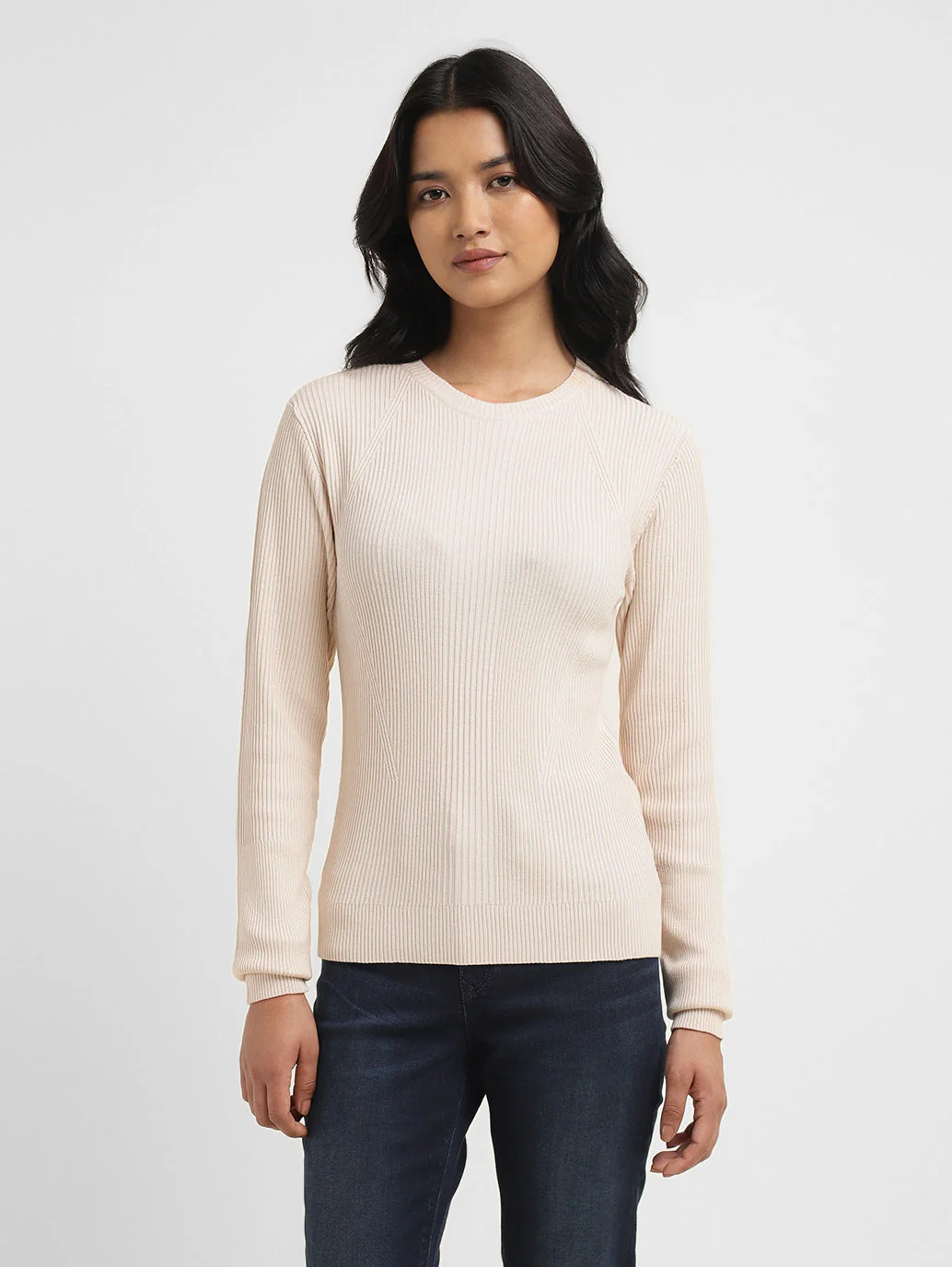 Women's Self Design Beige Crew Neck Sweater - Image 2