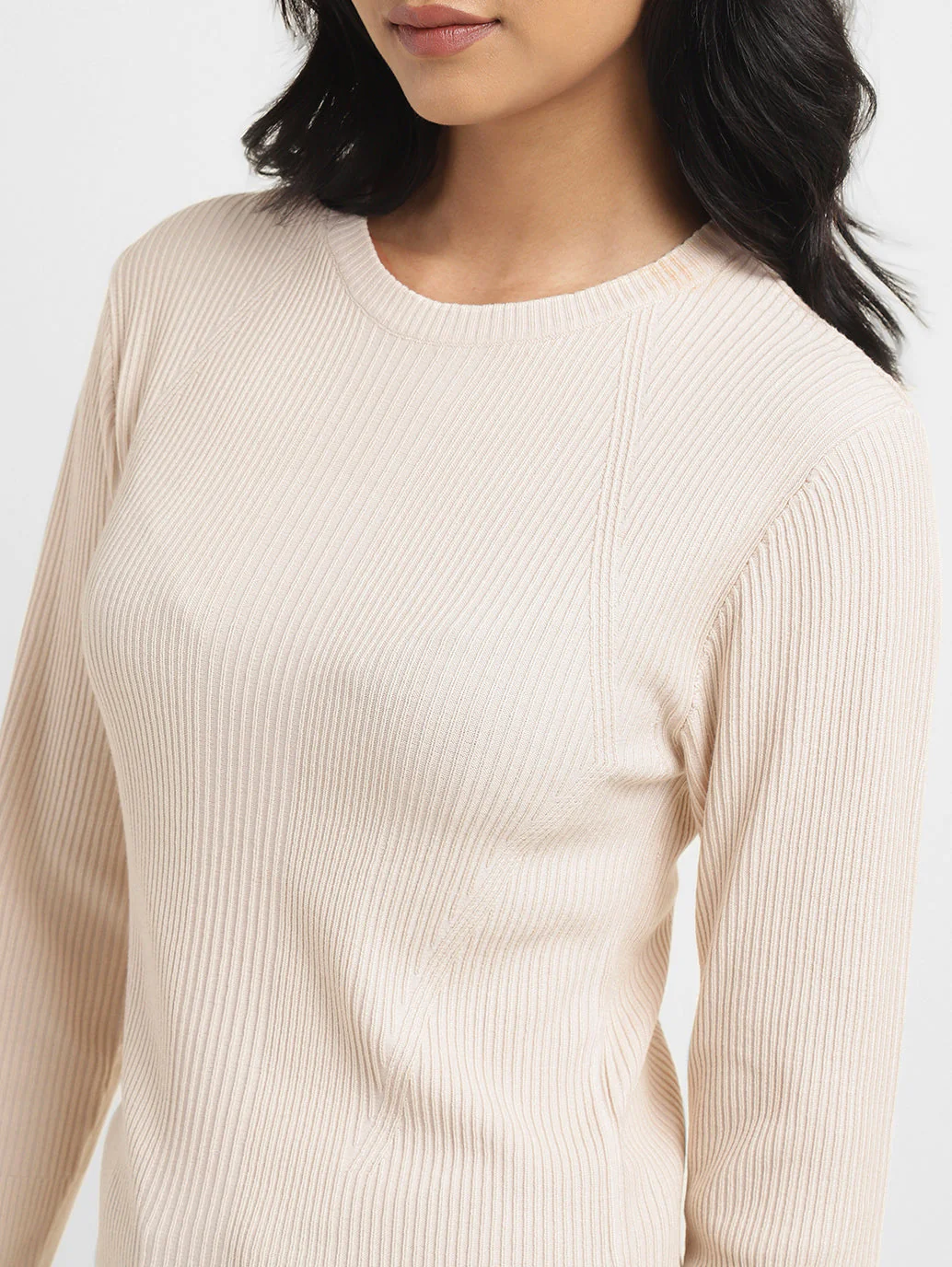 Women's Self Design Beige Crew Neck Sweater - Image 5