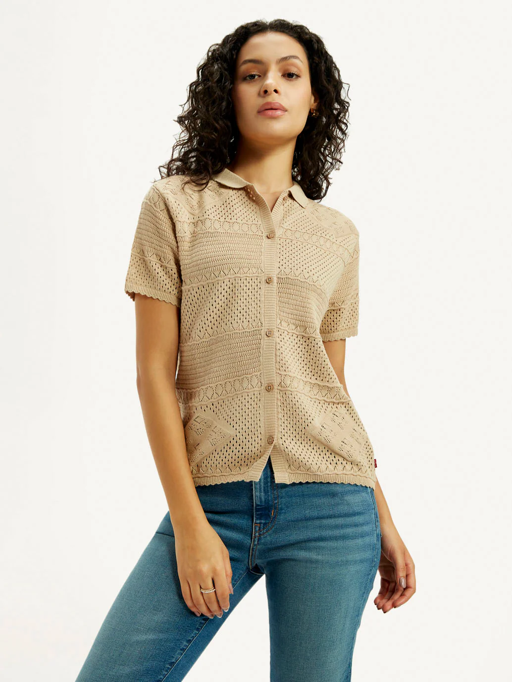 Women's Self Design Beige Spread Collar Shirt