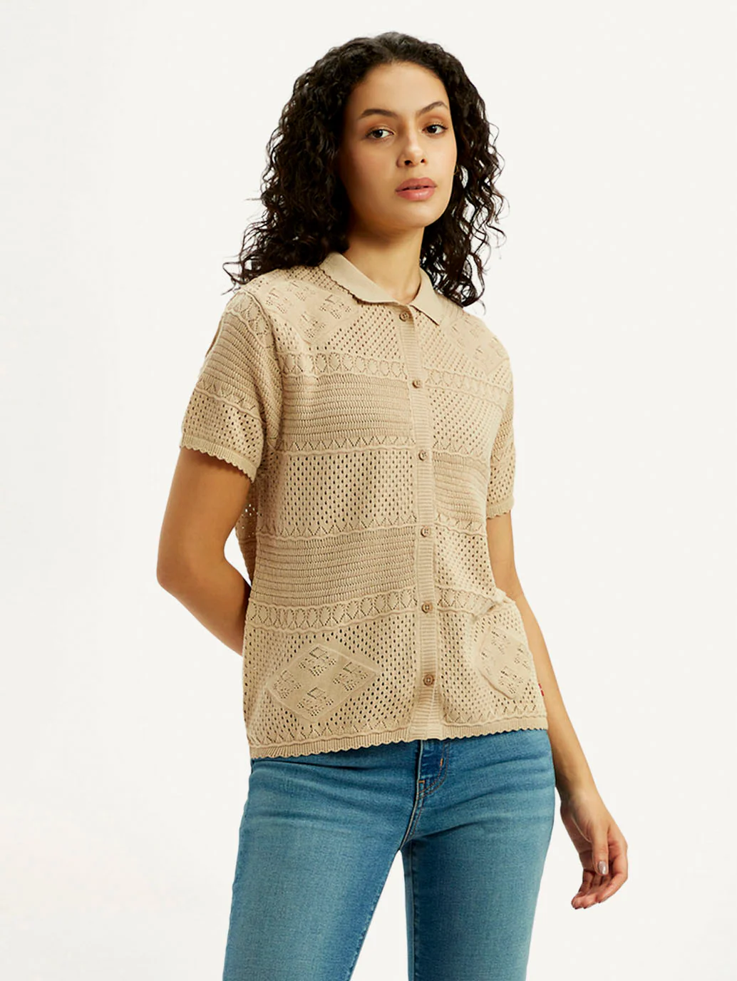 Women's Self Design Beige Spread Collar Shirt - Image 2