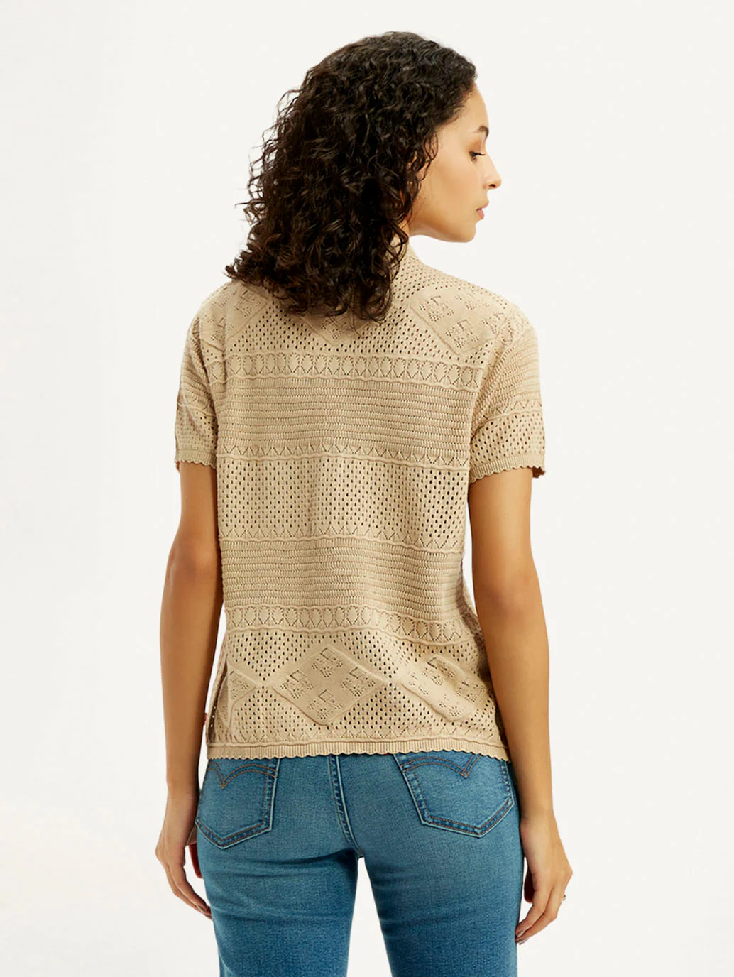Women's Self Design Beige Spread Collar Shirt - Image 3