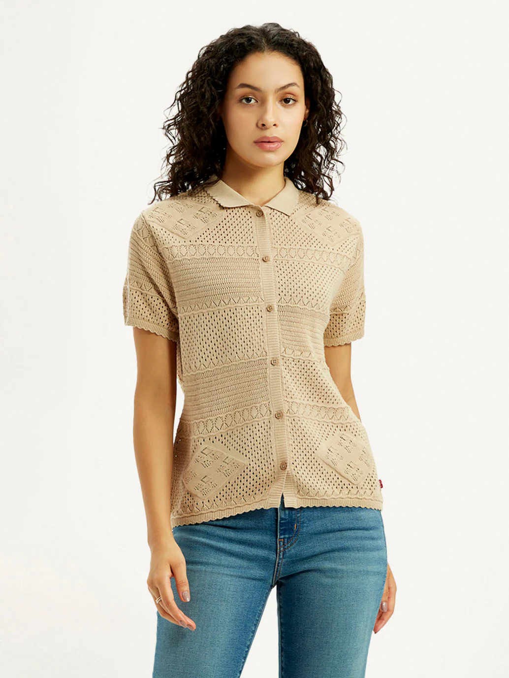 Women's Self Design Beige Spread Collar Shirt - Image 4