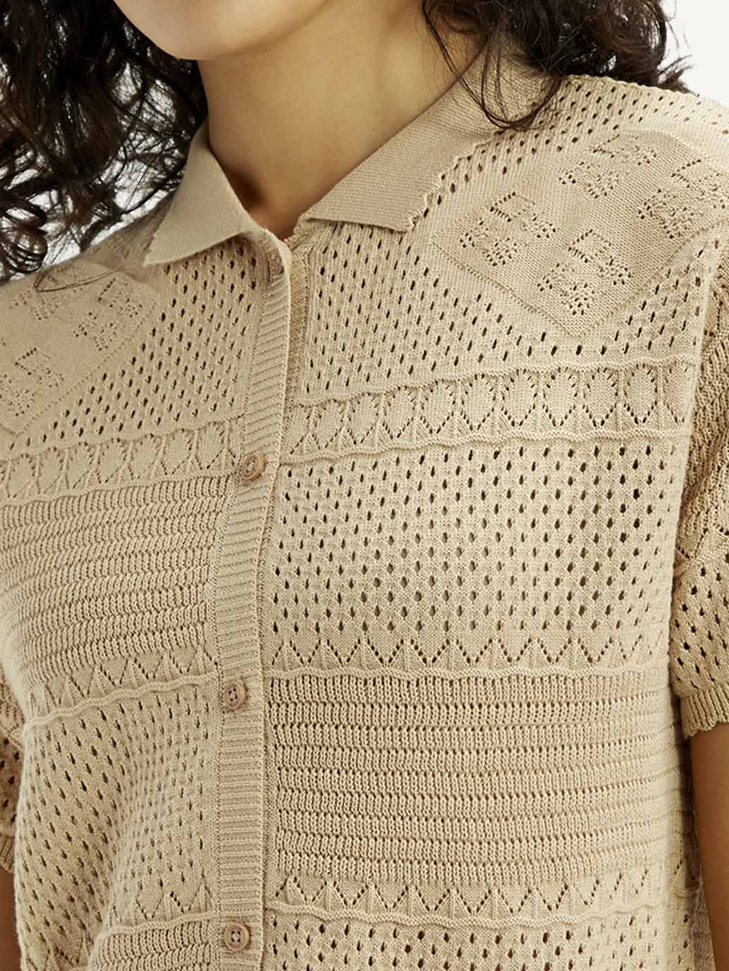 Women's Self Design Beige Spread Collar Shirt - Image 5