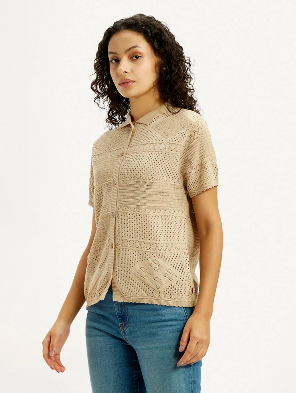 Women's Self Design Beige Spread Collar Shirt - Image 6