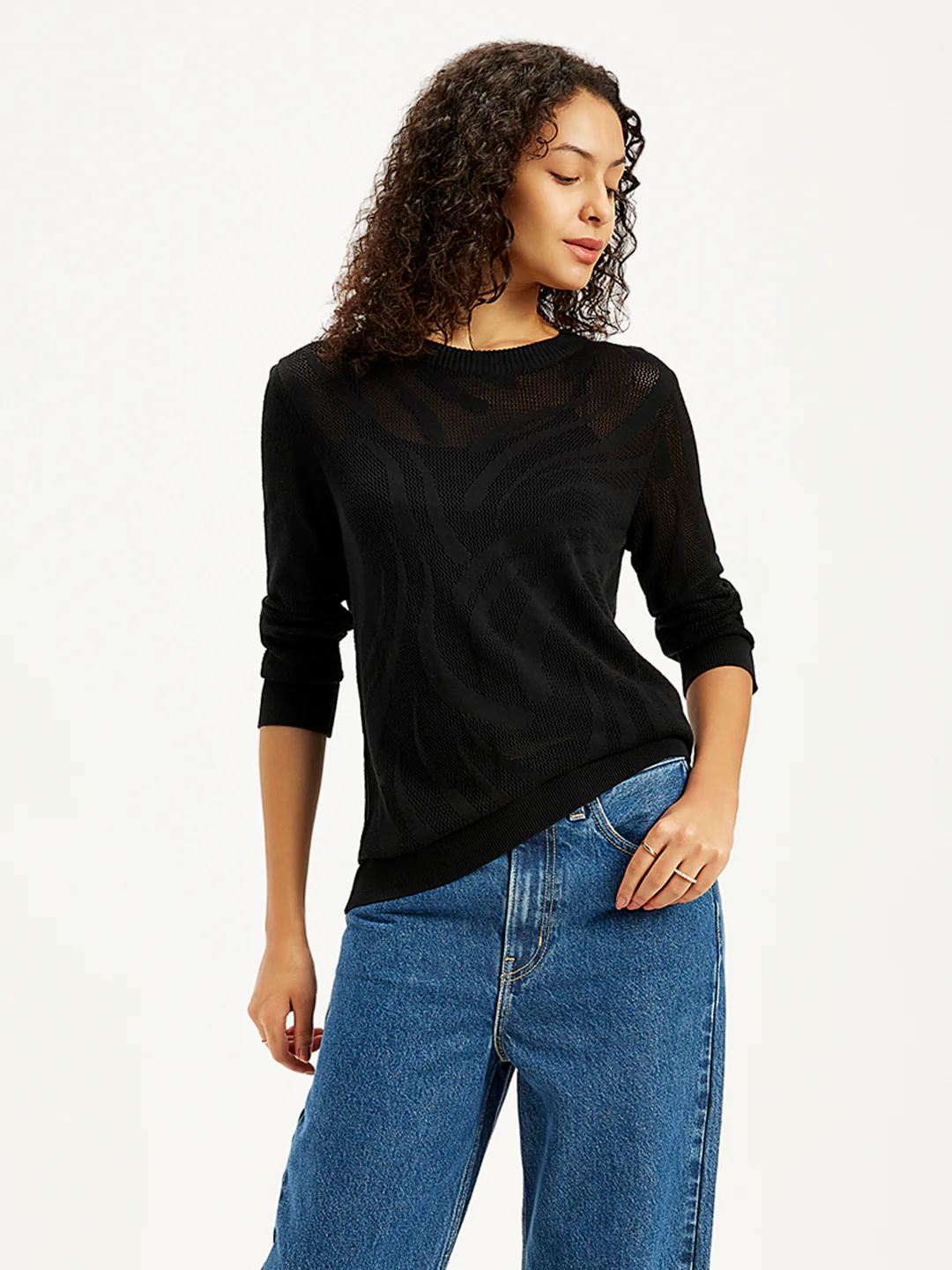 Women's Self Design Black Crew Neck Sweater - Image 5