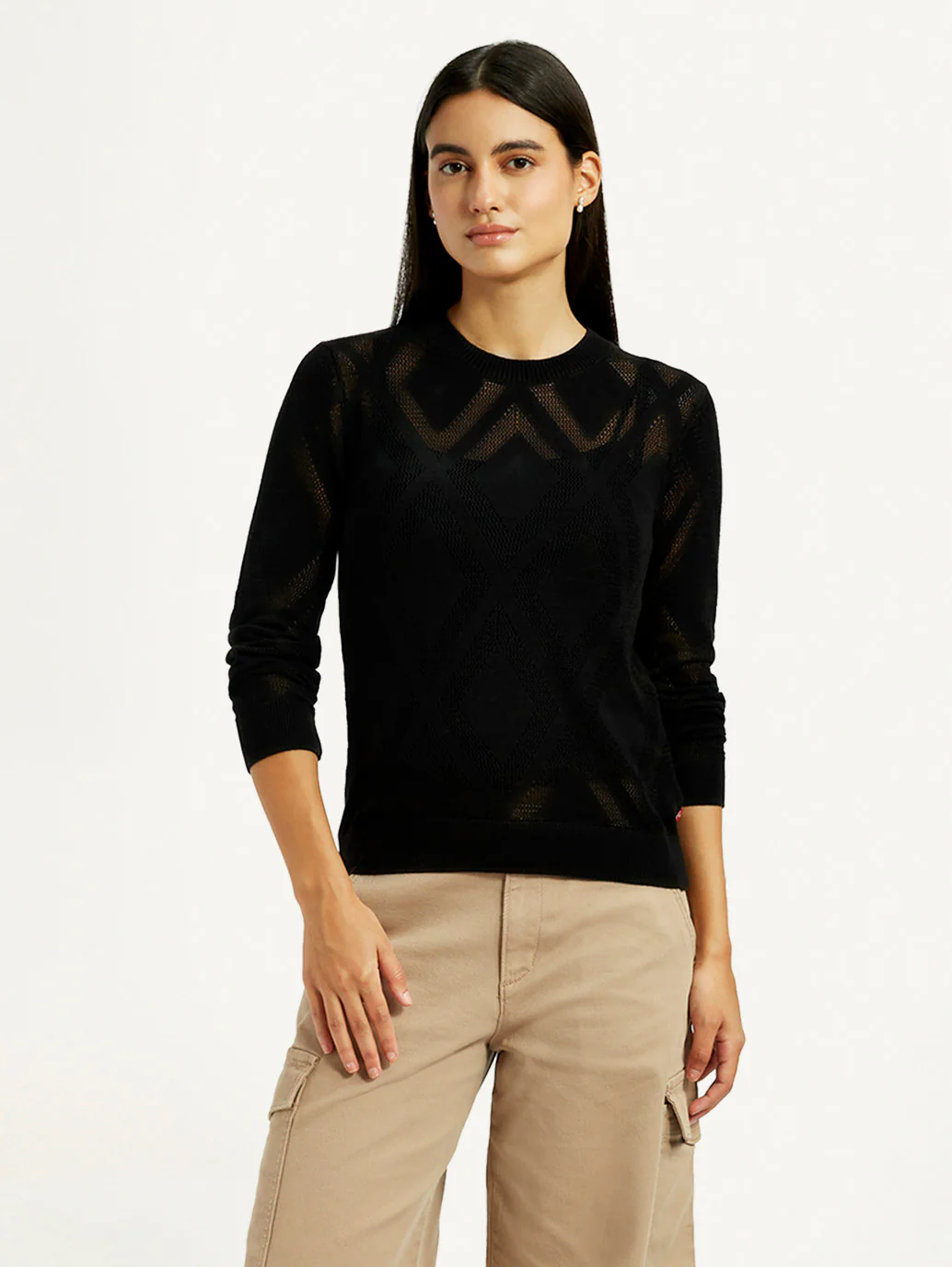 Women's Self Design Black Round Neck Sweater