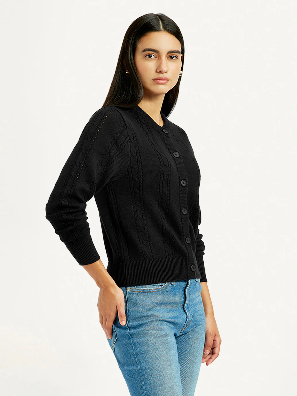 Women's Self Design Black Round Neck Sweater - Image 2