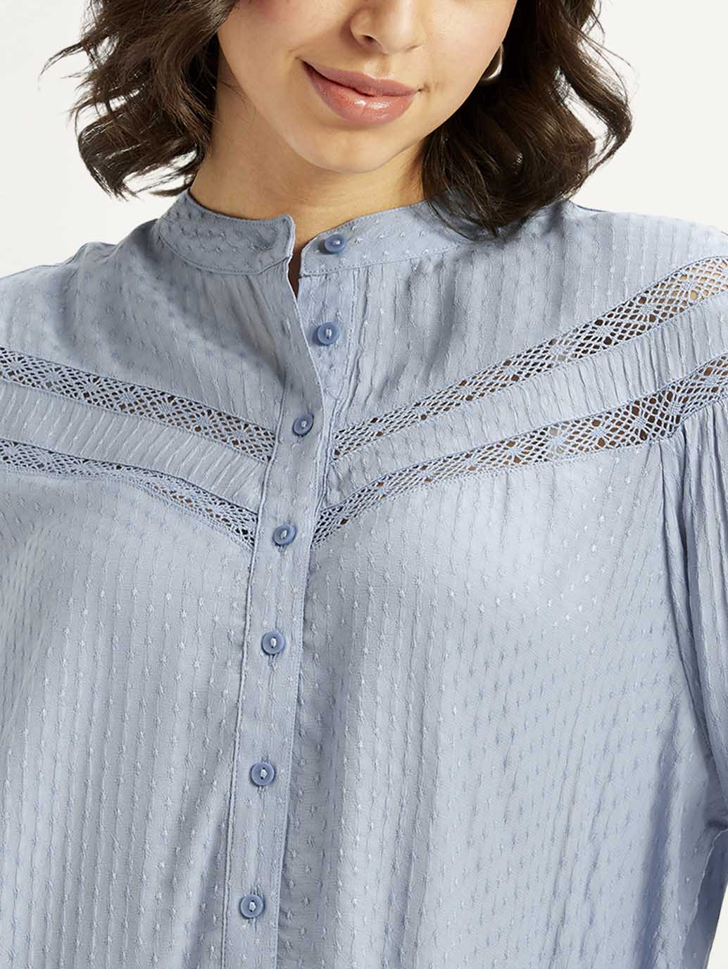 Women's Self Design Blue Mandarin Collar Top - Image 4