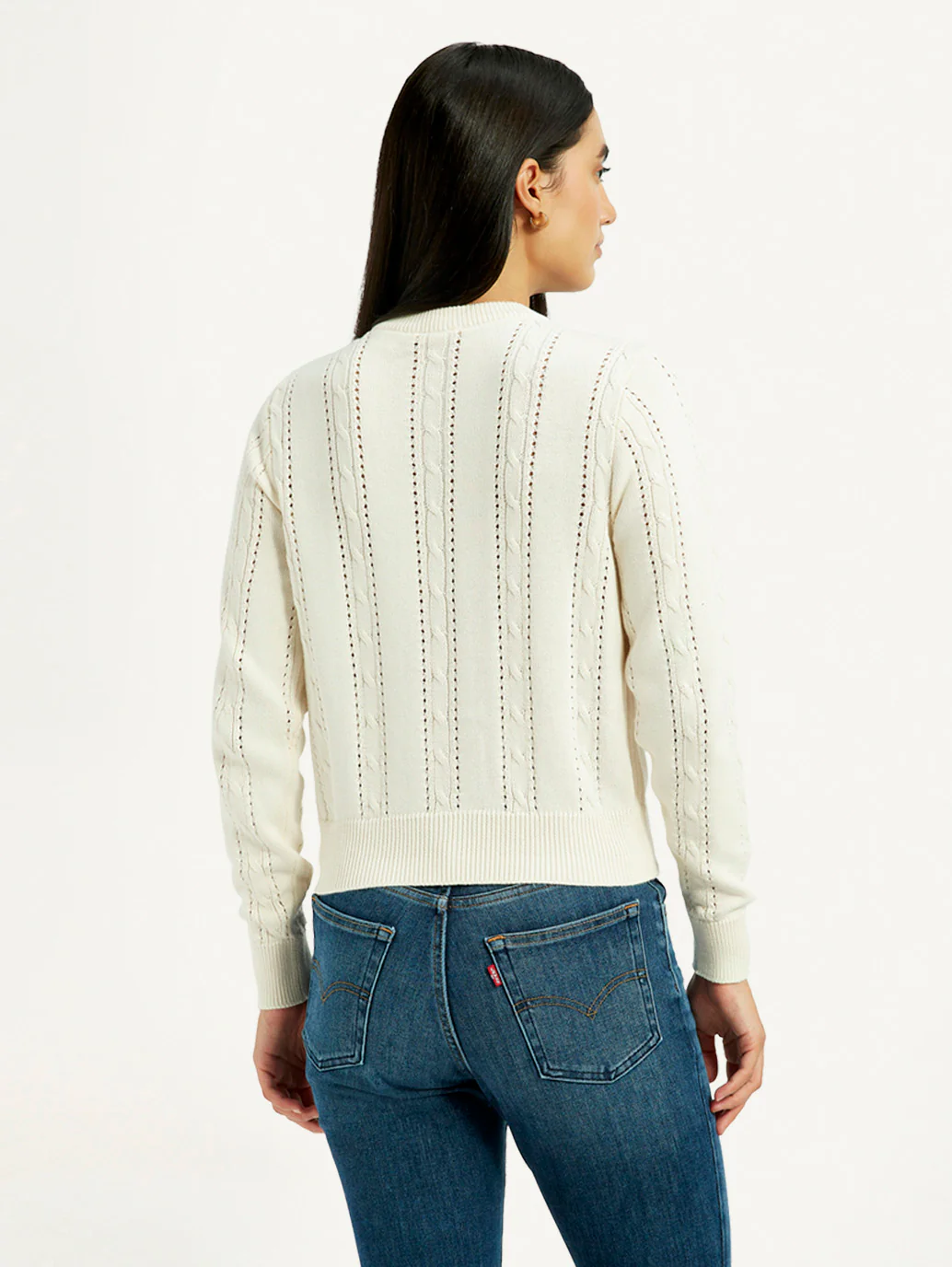 Women's Self Design Cream Round Neck Sweater - Image 2