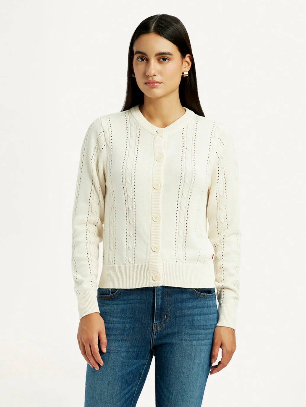 Women's Self Design Cream Round Neck Sweater - Image 3