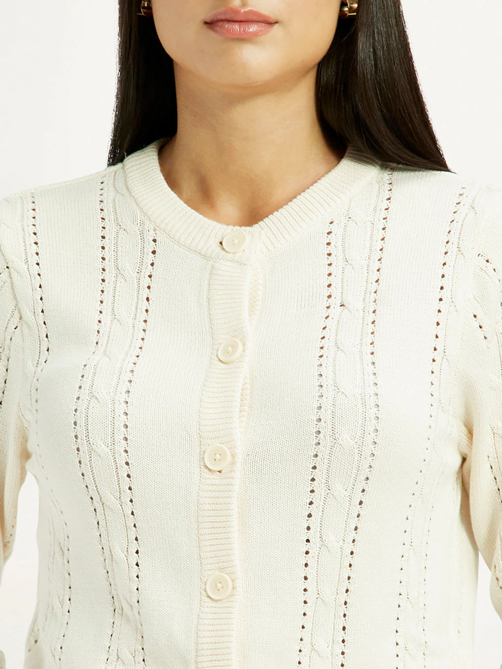 Women's Self Design Cream Round Neck Sweater - Image 5