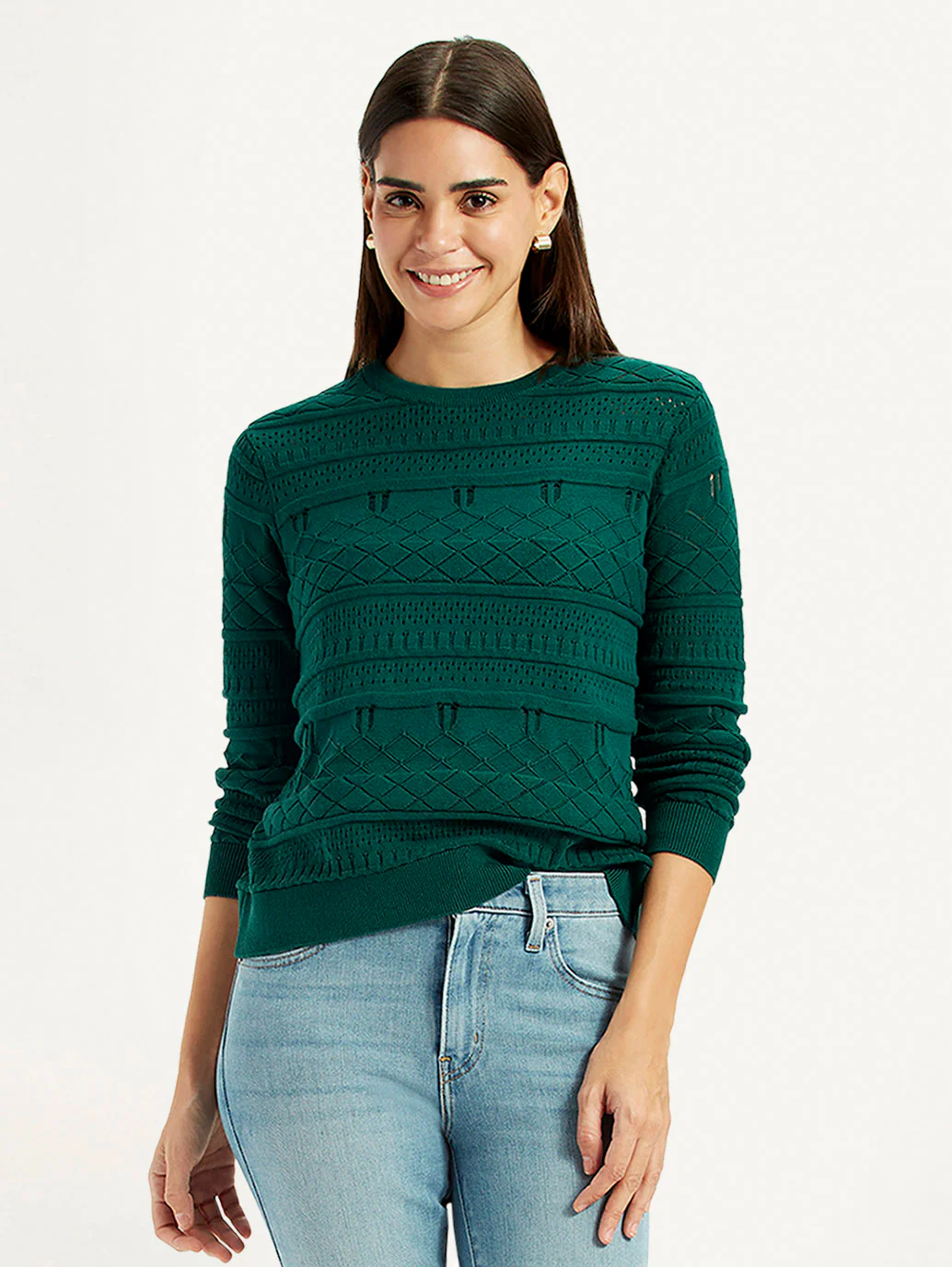 Women's Self-Design Dark Green Crew Neck Sweater