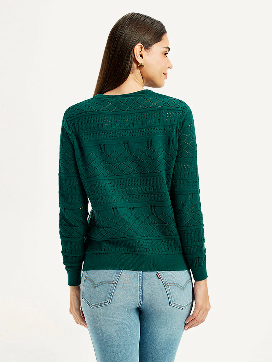 Women's Self-Design Dark Green Crew Neck Sweater - Image 2