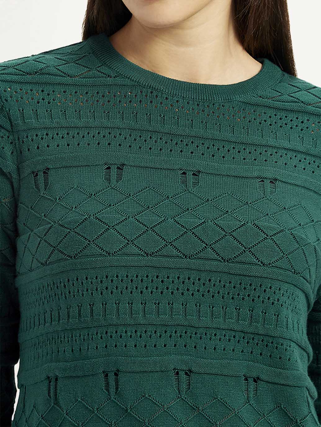 Women's Self-Design Dark Green Crew Neck Sweater - Image 3