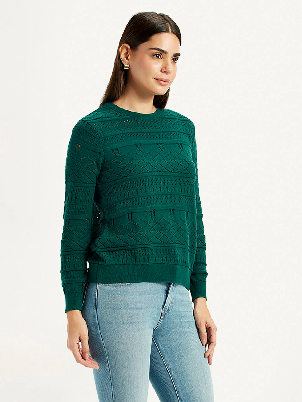 Women's Self-Design Dark Green Crew Neck Sweater - Image 4