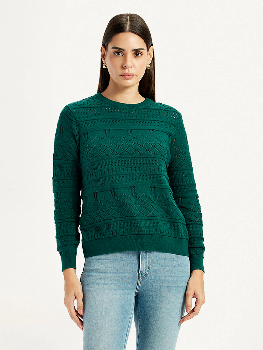 Women's Self-Design Dark Green Crew Neck Sweater - Image 5