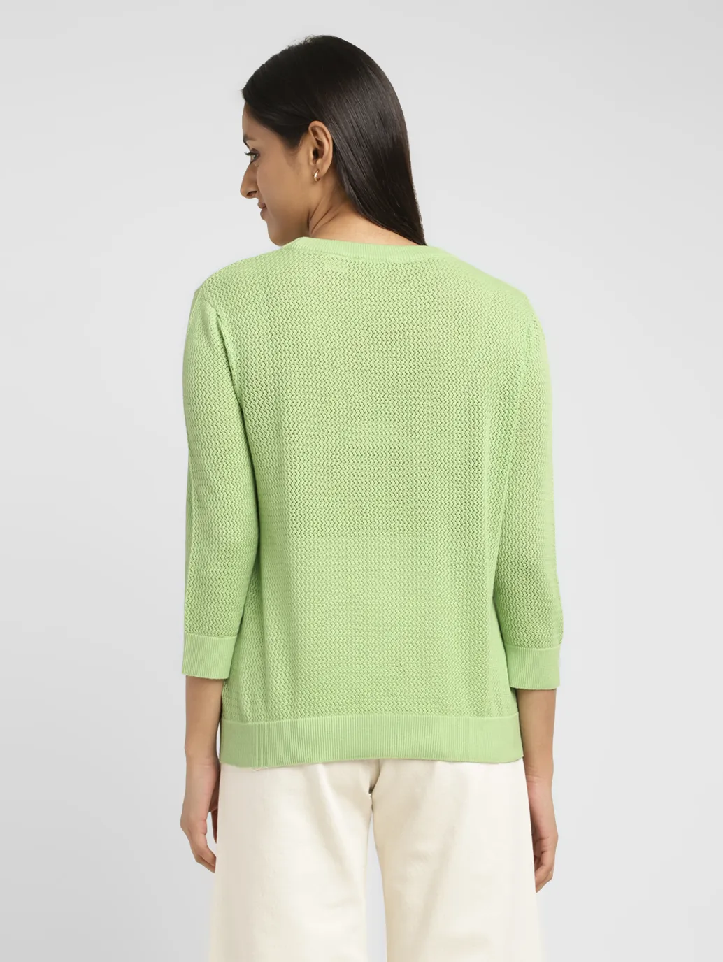 Women's Self Design Green Crew Neck Sweater - Image 3