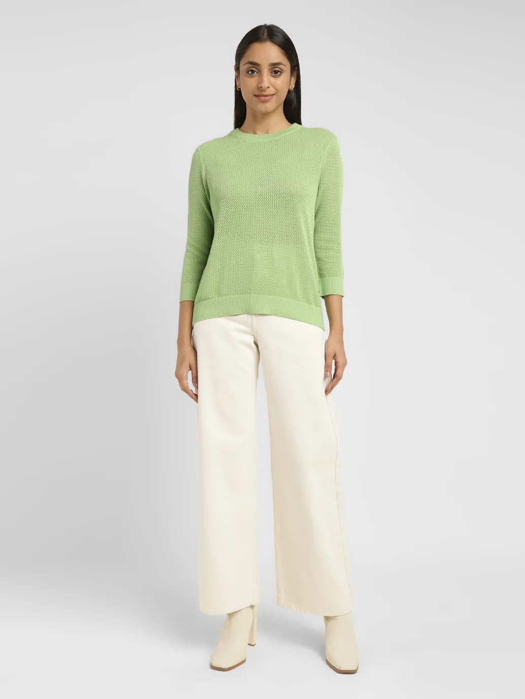 Women's Self Design Green Crew Neck Sweater - Image 6