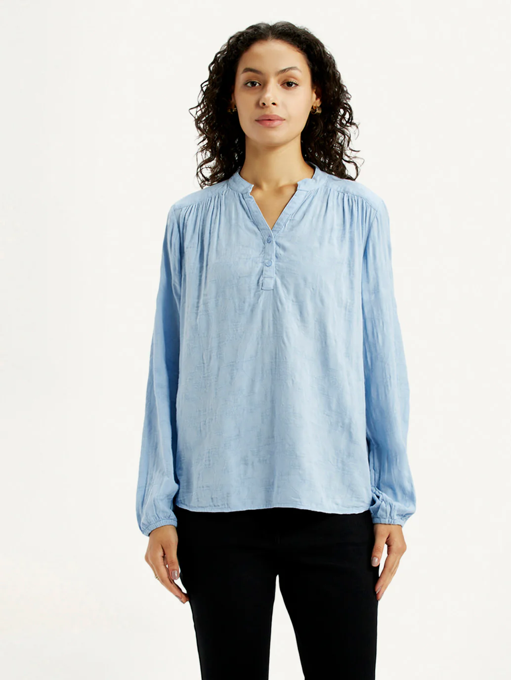 Women's Self Design Light Blue Mandarin Collar Top - Image 2